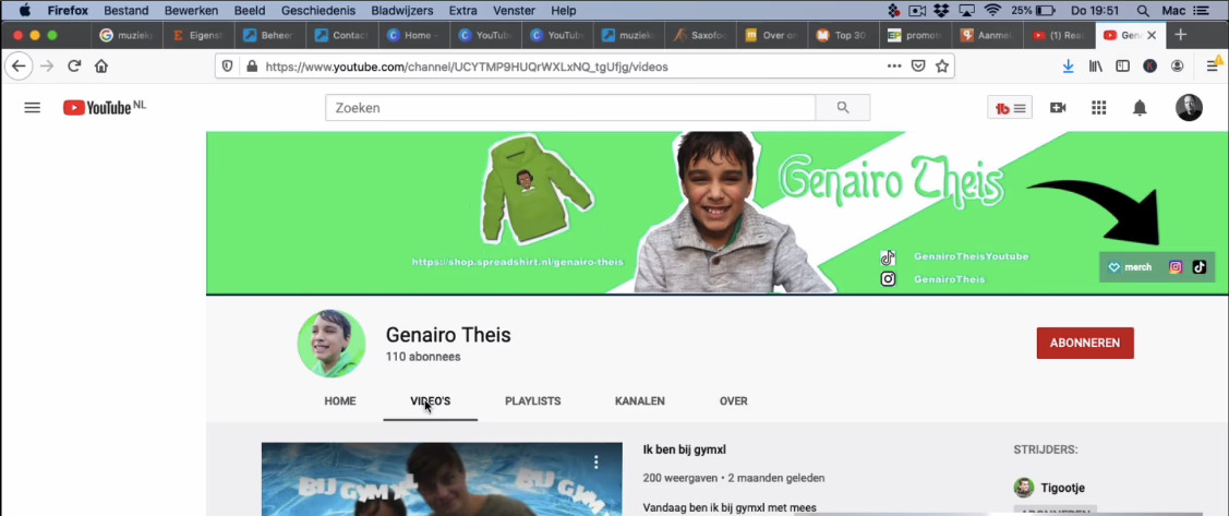 YouTube kanaal - 110 abonnees, eerste video's - Gena Design project door Genairo Theis | webdesign Zwolle & AI video