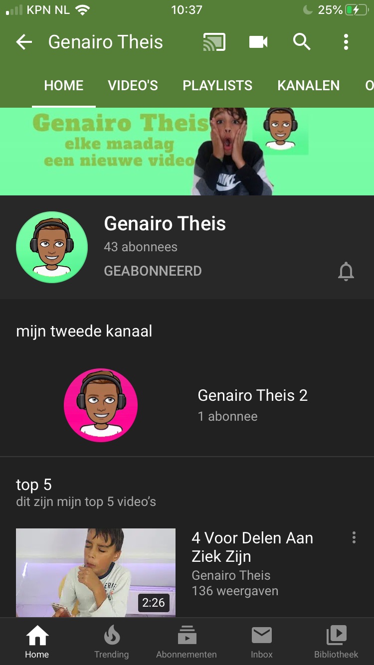 YouTube kanaal mobiel - 43 abonnees, tweede kanaal - Gena Design project door Genairo Theis | webdesign Zwolle & AI video